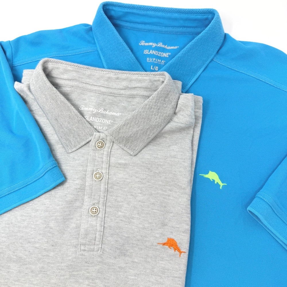 Tommy Bahama IslandZone Supima Cotton Lot of 2 Polo Shirts Mens Large Gray Blue